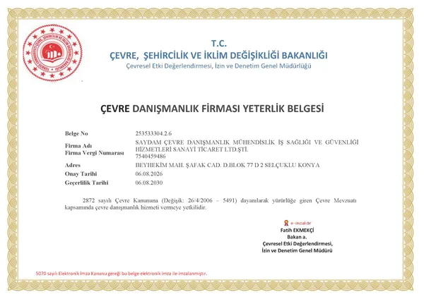 Çevre Danışmanlık Firması Yeterlik Belgesi görseli