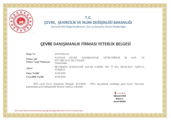Çevre Danışmanlık Firması Yeterlik Belgesi görseli